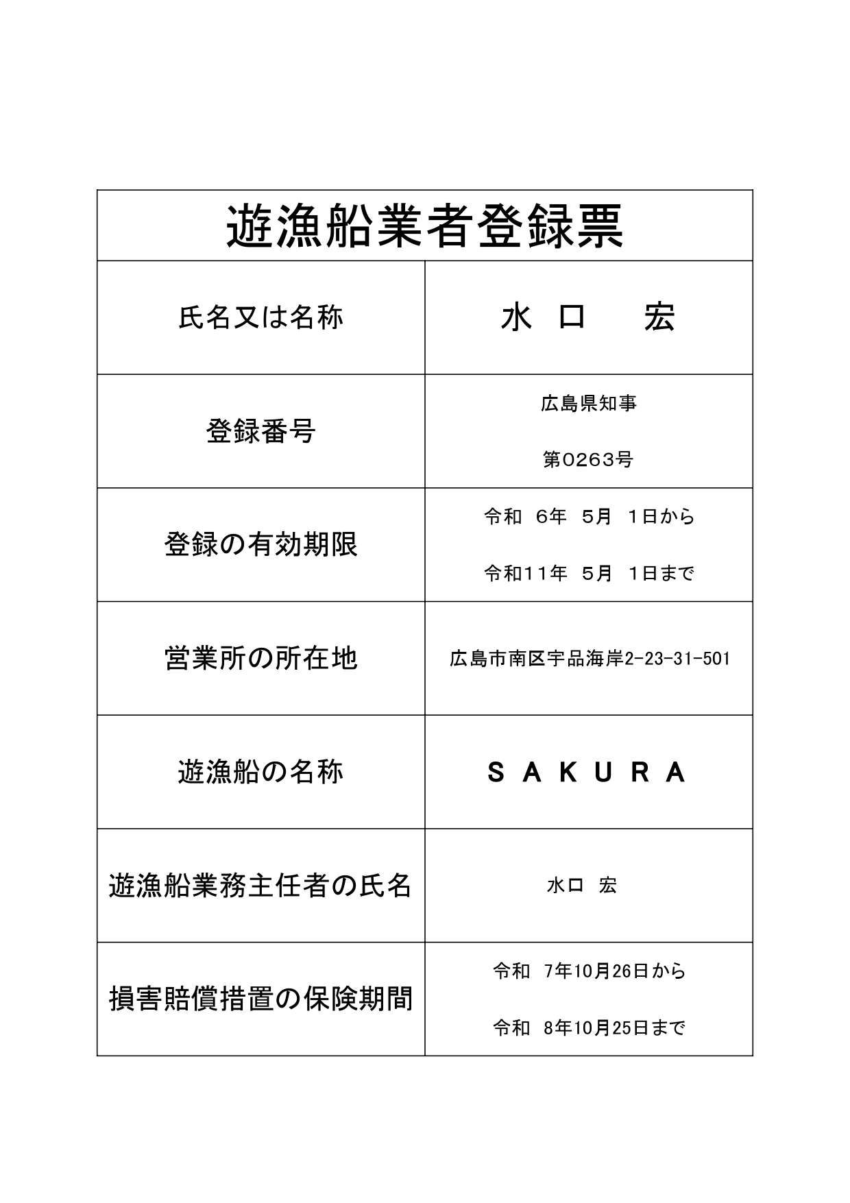 遊漁船業者登録票